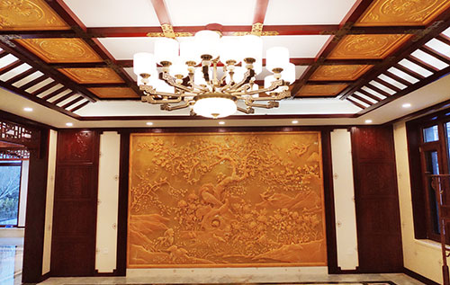 兰溪中式别墅客厅中式木作横梁吊顶装饰展示